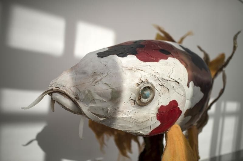 A sculpture of a fish made from waste products collected from the sea is displayed during the exhibition Keep The Oceans Clean by art collective Skeleton Sea, at the Torre Madariaga Biodiversity Centre in Busturia, Spain, May 17, 2015. Skeleton Sea, a group of surfers and artists, recycle waste collected from the world's oceans to create artworks and draw attention to the dangers faced from overfishing, pollution and oil spills.