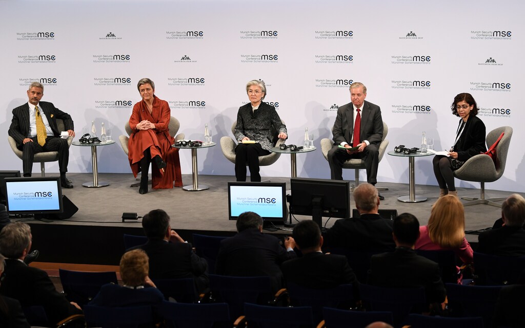 Indian Minister of External Affairs Subrahmanyam Jaishankar, Executive VP of the European Commission for the Digital Age Margrethe Vestager, South Korean Foreign Minister Kang Kyung-wha, and US Senator Lindsey O. Graham, with moderator Amrita Narlikar on a panel at the annual Munich Security Conference.