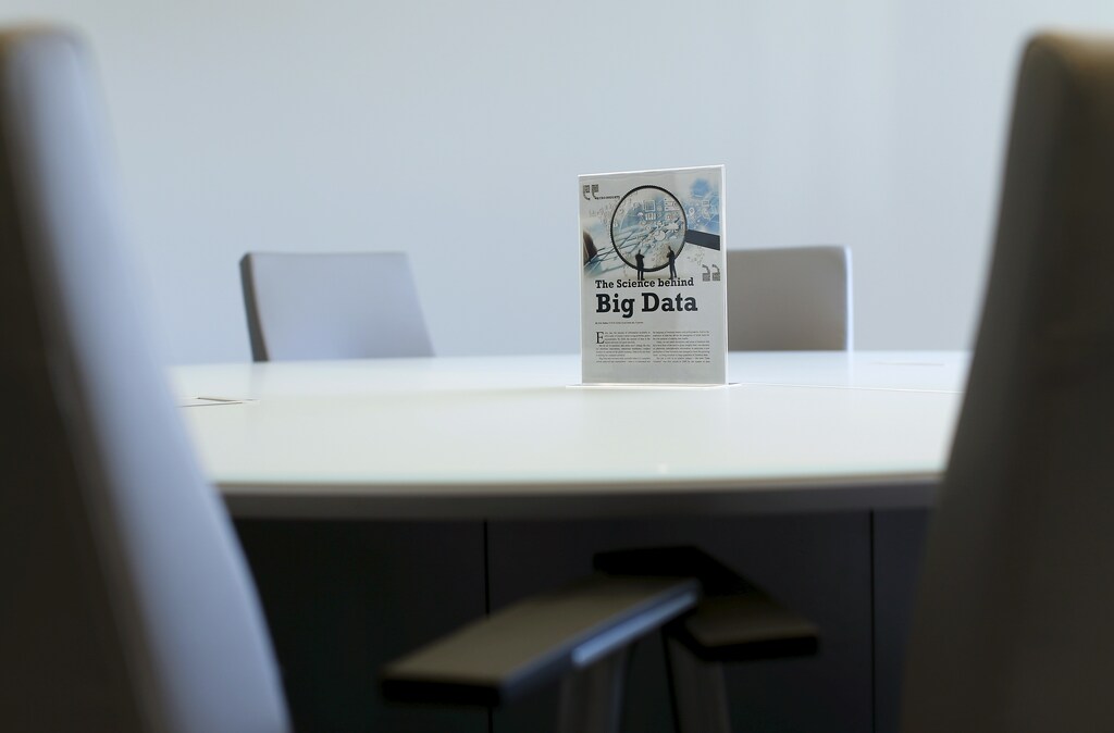 A sign sits on a table in a conference room during the opening of a data lab by information services company Experian in San Diego, California April 12, 2016.
