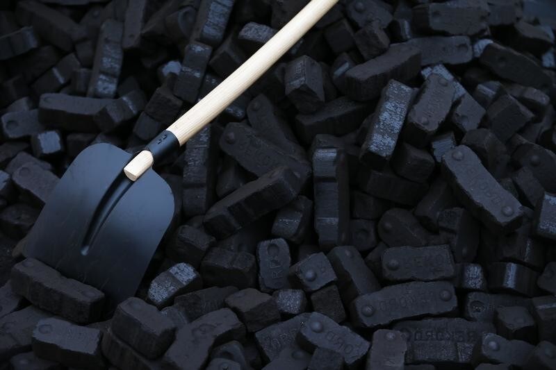A shovel is placed over coal briquettes during a protest in front of the chancellery in Berlin December 3, 2014. Germany's cabinet will agree plans to cut CO2 emissions by up to 78 million tonnes by 2020, pushing operators to shut some coal-fired plants, to help Europe's biggest economy meet ambitious targets to fight climate change. The package, which also includes an energy efficiency program, is essential if Chancellor Angel Merkel is to avoid the embarrassment of missing her government's goal of a 40 percent reduction in emissions by 2020, compared to 1990 levels. REUTERS/Hannibal Hanschke (GERMANY - Tags: POLITICS ENERGY) - RTR4GIBI