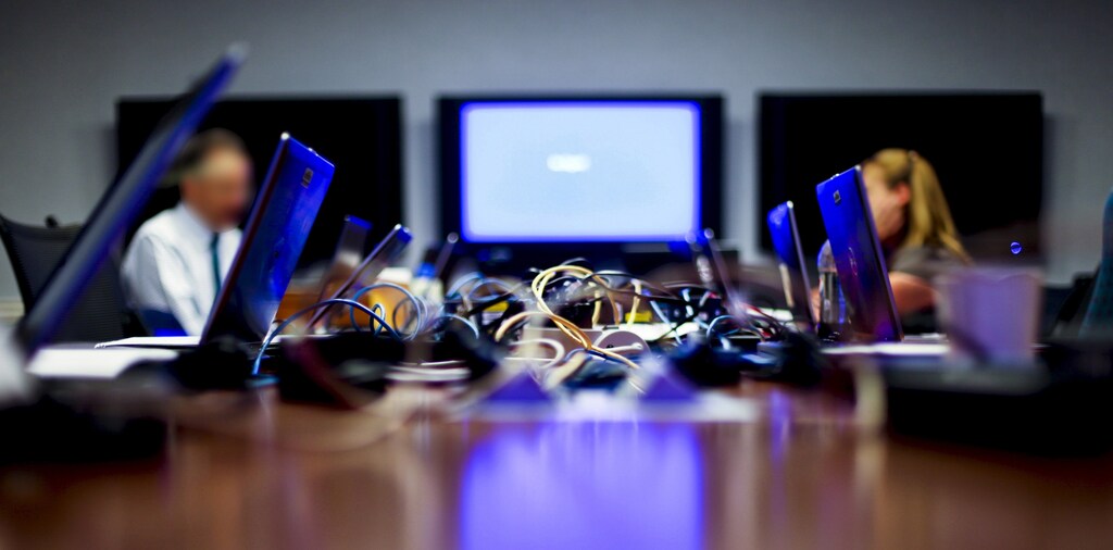 Interconnected laptop computers are pictured on a conference table in this handout photograph taken on June 13, 2012 and provided on April 28, 2015.