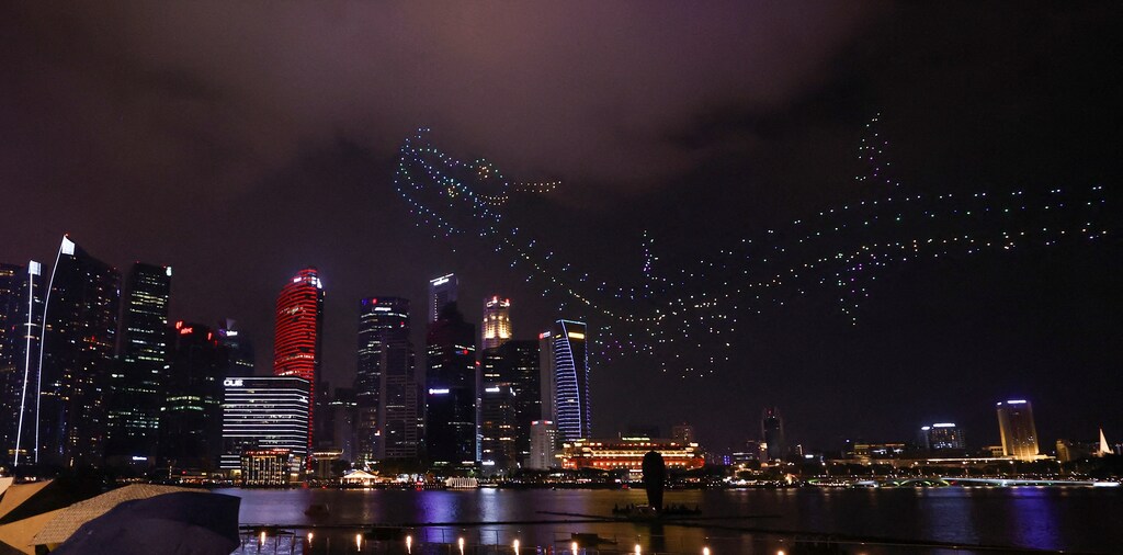 The Singapore skyline is lit up by drones during a performance to welcome the Lunar New Year of the Dragon. Economies across Asia are changing rapidly, as challenges and opportunities converge — and philanthropy has a role to play in this moment.
