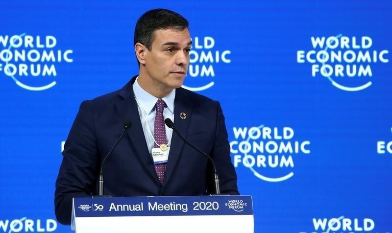 Spain's Prime Minister Pedro Sanchez delivers a special address during the 50th World Economic Forum (WEF) annual meeting in Davos, Switzerland, January 22, 2020. REUTERS/Denis Balibouse - RC2YKE98PSXI