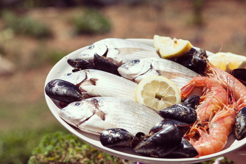 A plate of seafood - including fish, shrimp and mussels.