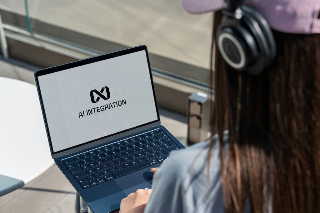 Una mujer usa una computadora portátil con el emblema de carga "INTEGRACIÓN DE IA": la transformación de la IA solo es real después de la fase piloto.