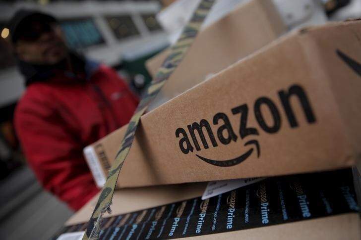 Amazon boxes are seen stacked for delivery in the Manhattan borough of New York City, January 29, 2016. REUTERS/Mike Segar