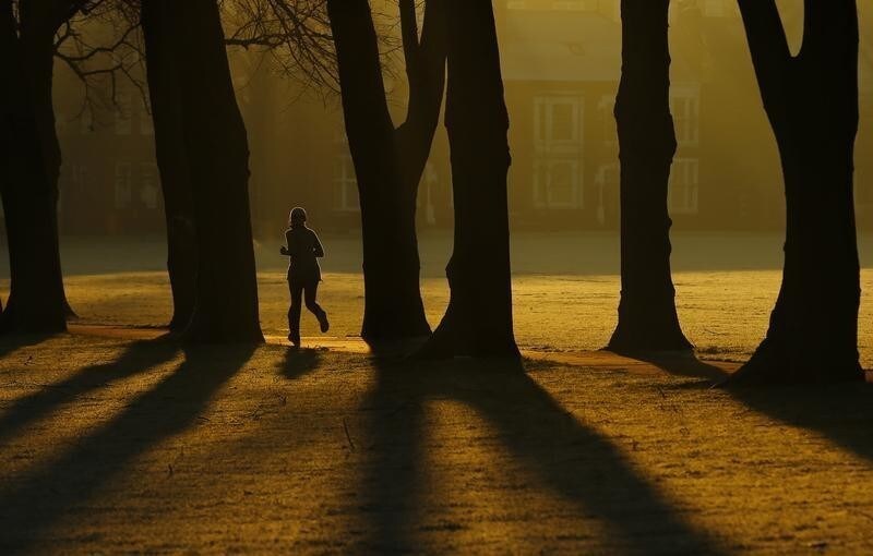 A woman runs through Victoria Park at sunrise in Leicester, central England, December 30, 2014. REUTERS/Darren Staples (BRITAIN - Tags: ENVIRONMENT SOCIETY TPX IMAGES OF THE DAY) - LM1EACU0QWJ01