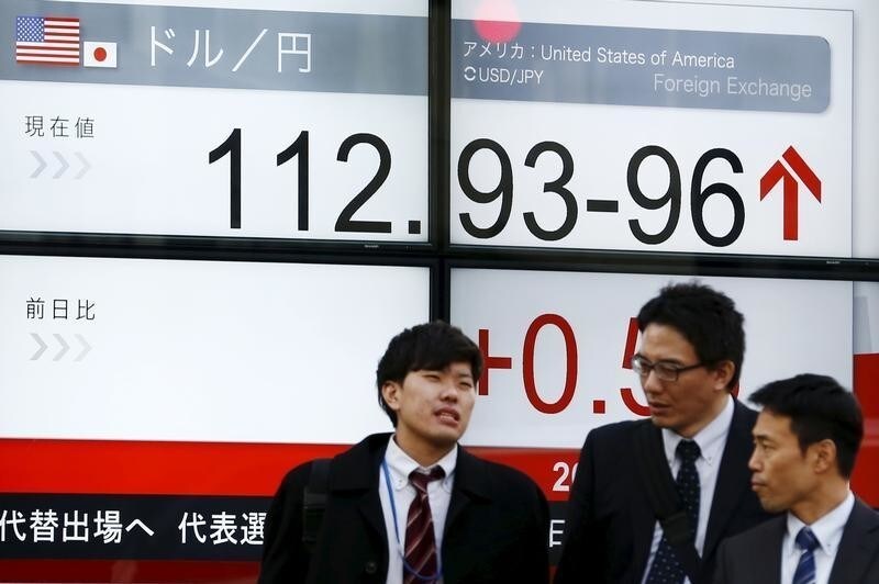 Men stand in front of a screen displaying the Dollar to Yen exchange rate in Tokyo, Japan. REUTERS/Thomas Peter