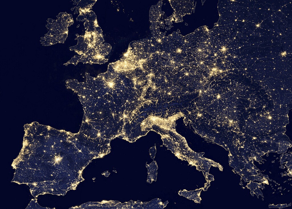 A nighttime view of Europe made possible by the ?day-night band? of the Visible Infrared Imaging Radiometer Suite (VIIRS) is seen in a global composite assembled from data acquired by the Suomi National Polar-orbiting Partnership (Suomi NPP) satellite in 2012 and released by NASA October 2, 2014 . The VIIRS detects light in a range of wavelengths from green to near-infrared and uses filtering techniques to observe dim signals such as city lights, wildfires, and gas flares. REUTERS/NASA/Handout (UNITED STATES - Tags: ENVIRONMENT ENERGY SCIENCE TECHNOLOGY) FOR EDITORIAL USE ONLY. NOT FOR SALE FOR MARKETING OR ADVERTISING CAMPAIGNS