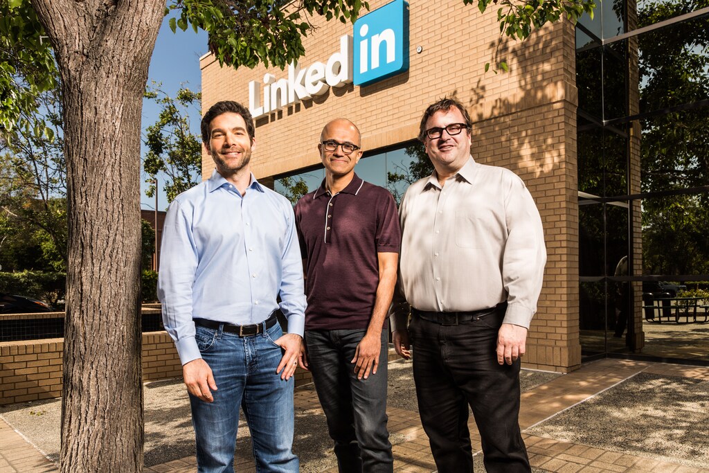 Jeff Weiner (left), CEO of LinkedIn, with Satya Nadella, CEO of Microsoft, and Reid Hoffman, chairman and co-founder of LinkedIn