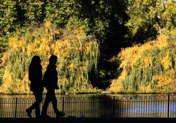 A couple strolls on a sunny autumn day in St James's Park in London October 24, 2010. REUTERS/Luke MacGregor (BRITAIN - Tags: ENVIRONMENT)