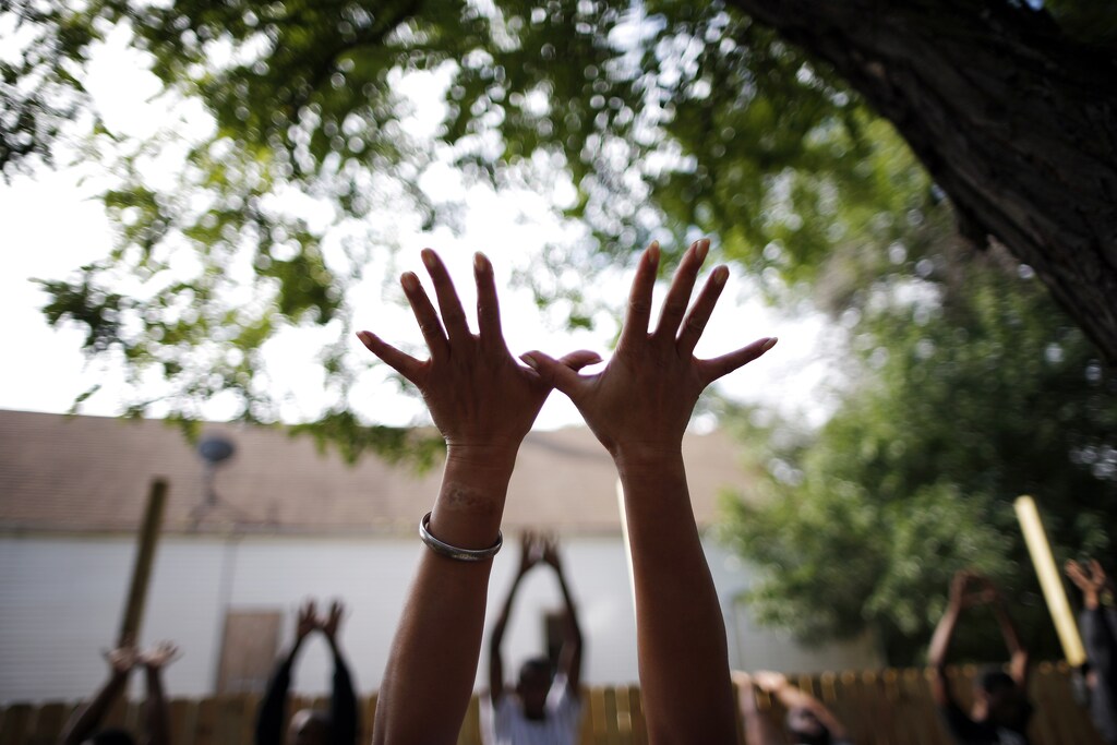 Karampal Kaur teaches a yoga class in the Englewood neighborhood of Chicago, Illinois