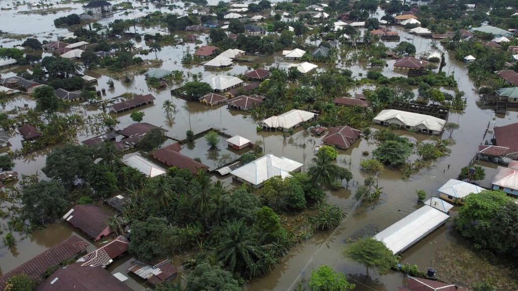 An aerial view of the flooded Obagi community in Ahoada, Rivers state, Nigeria