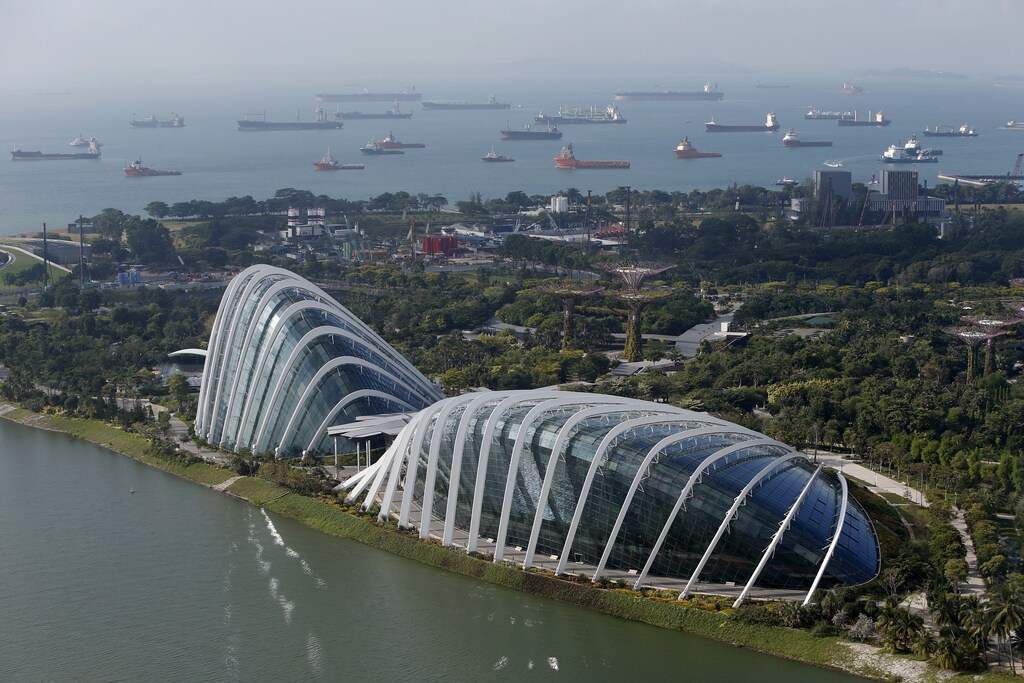 Vessels anchor along the southern coast next to the Flower Dome and Cloud Forest conservatories at the Gardens by the Bay in Singapore July 16, 2015. Singapore marks 50 years of independence in a series of Golden Jubilee celebrations on Sunday. Picture taken July 16, 2015. REUTERS/Edgar Su - GF20000016392