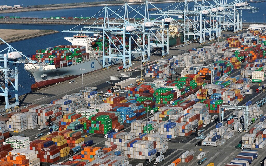 Shipping containers sit at the ports of Los Angeles and Long Beach, California.
