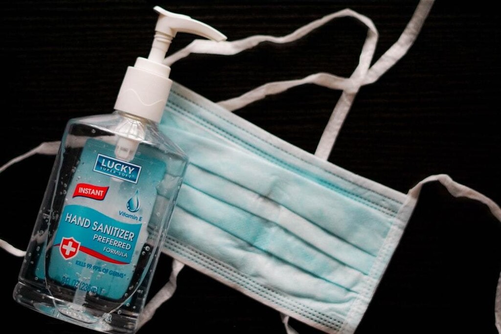 Face mask and hand sanitizer.