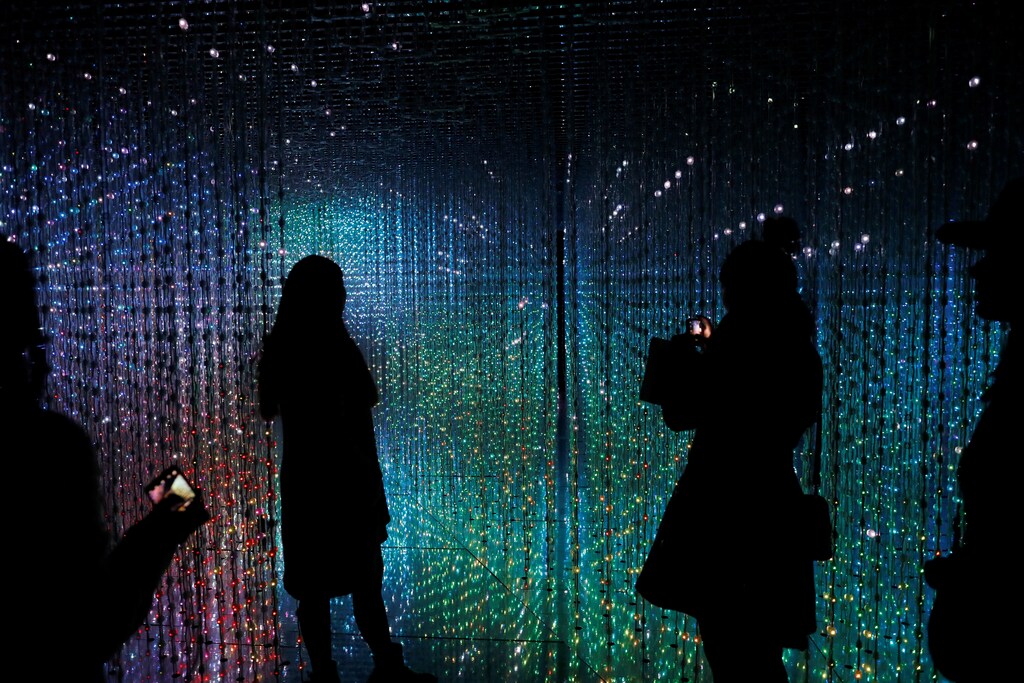 Visitors look at a digital installation which is a part of "Dance! Art Exhibition, Learn & Play!" by Japanese group teamLab in Taipei, Taiwan January 16, 2017. REUTERS/Tyrone Siu - RTSVOOT