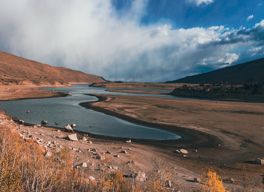 A lake with low water levels.