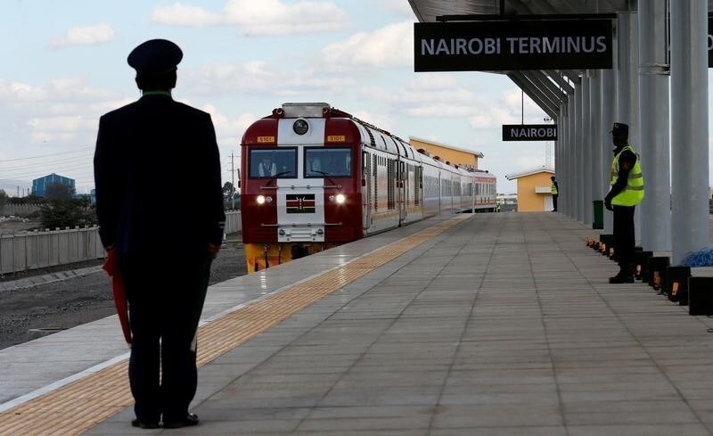 A train launched to operate on the Standard Gauge Railway (SGR) line constructed by the China Road and Bridge Corporation (CRBC) and financed by Chinese government arrives at the Nairobi Terminus on the outskirts of Kenya's capital Nairobi May 31, 2017.