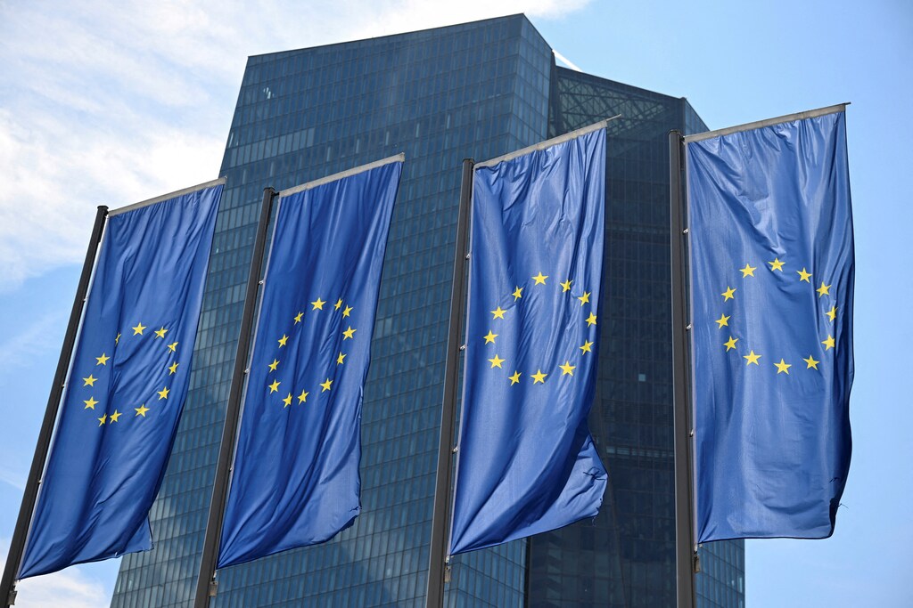 EU flags flutter in front of European Central Bank (ECB) headquarters in Frankfurt, Germany July 18, 2024. REUTERS/Jana Rodenbusch
