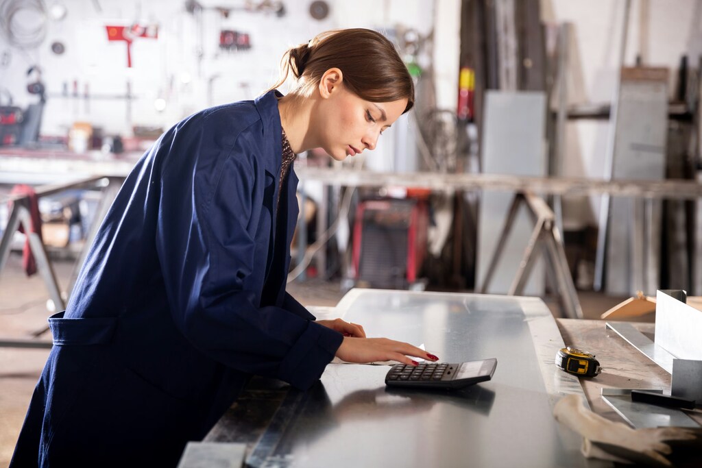 Mujer con overol usa calculadora: La transformación en la industria manufacturera a menudo fracasa debido a la mala comunicación