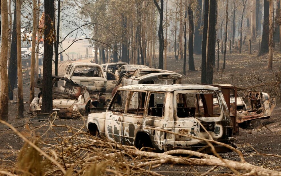 A cluster of burnt out cars sit at a property at Rainbow Flat, Australia, November 11th, 2019. AAP Image/Darren Pateman/via Reuters.