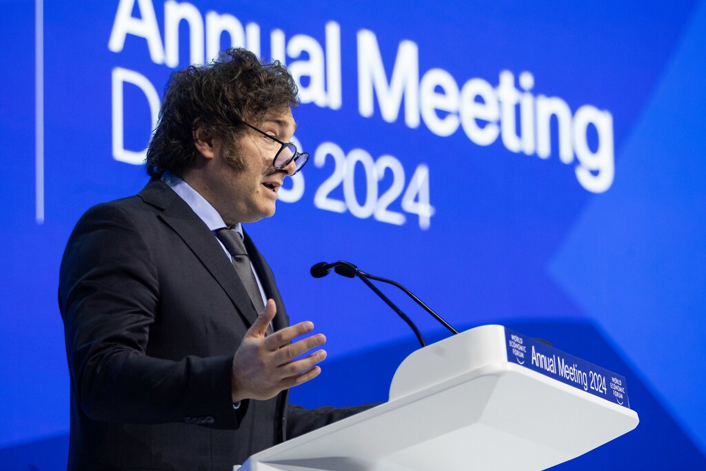 The president of Argentina, Javier Milei, speaking at the Annual Meeting of the World Economic Forum in Davos, Switzerland.
