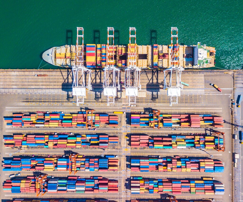 Top view Aerial view of Deep water port with cargo ship and container Singapore
