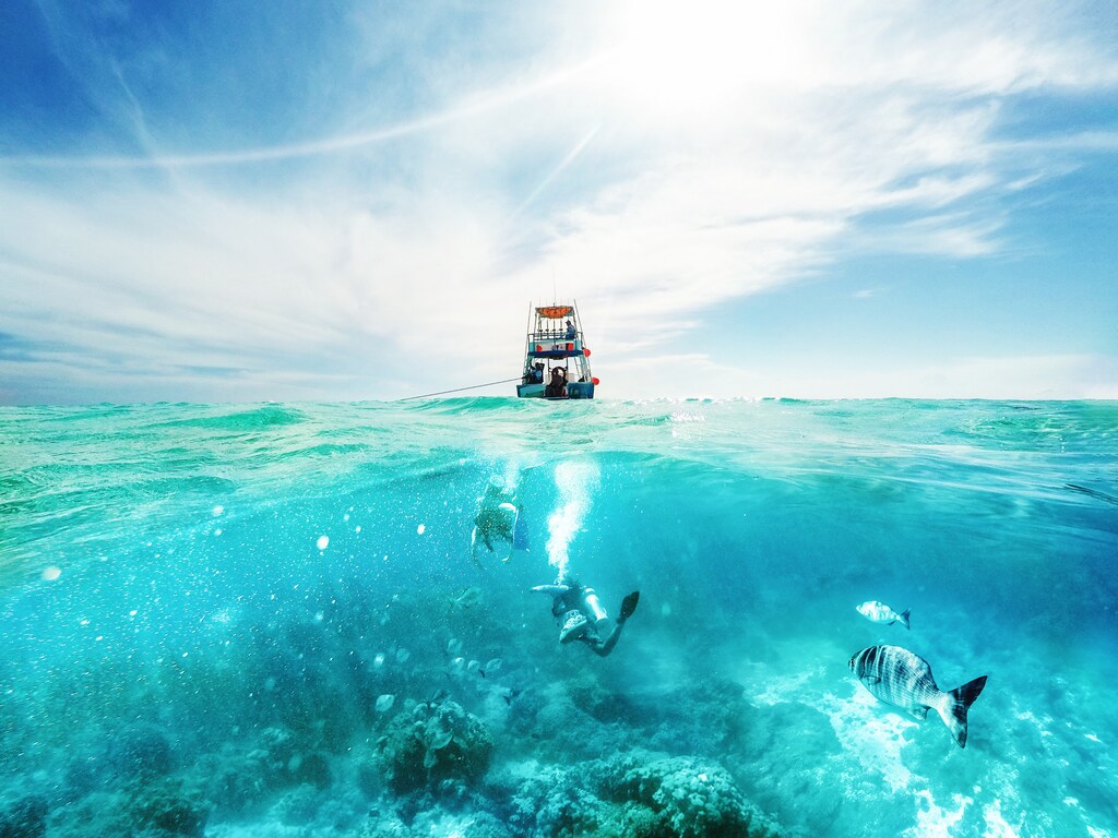 Scuba divers underwater and fishing tour boat above the Caribbean Sea in Cozumel, Mexico