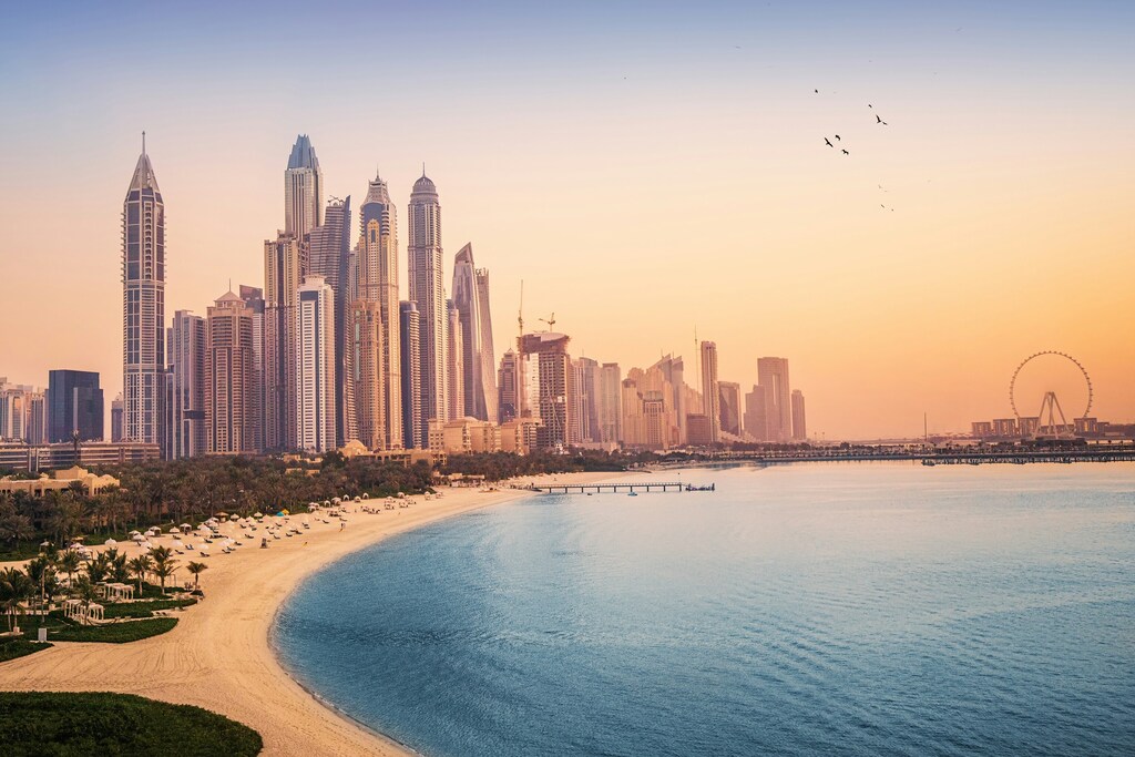 Dubai skyline and beach.