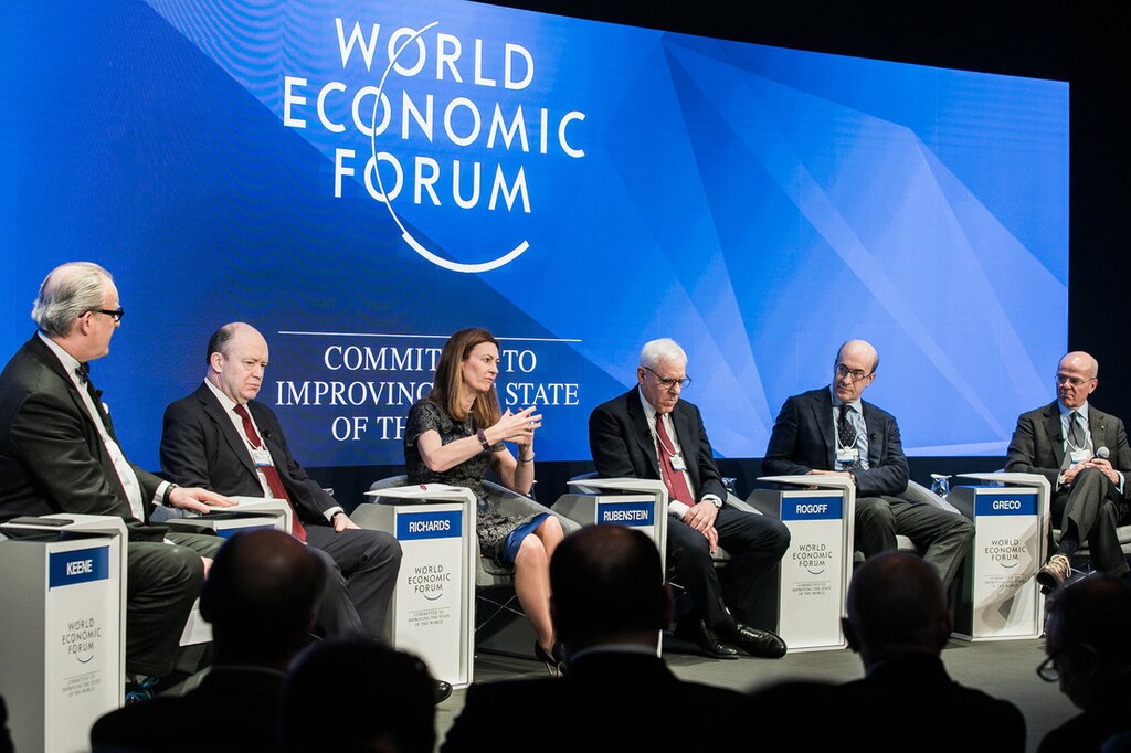 Tom Keene, Editor-at-Large, Bloomberg Television & Radio, USA, John Cryan, Chief Executive Officer, Deutsche Bank, Germany, Anne Richards, Chief Executive, M&G Investments, United Kingdom, David M. Rubenstein, Co-Founder and Co-Chief Executive Officer, Carlyle Group, USA, Kenneth Rogoff, Thomas D. Cabot Professor of Public Policy and Professor of Economics, Harvard University, USA and Mario Greco, Chief Executive Officer, Zurich Insurance Group, Switzerlandat the Annual Meeting 2017 of the World Economic Forum in Davos, January 17, 2017Copyright by World Economic Forum / Jakob Polacsek