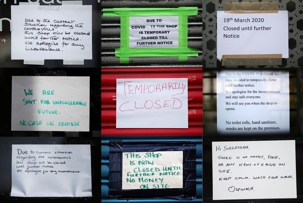A composite photograph shows signs on shop fronts informing customers of temporarily closed restaurants and shops on Streatham High Road in south London, as the UK government imposed tight restrictions to prevent the spread of the coronavirus disease (COVID-19) in Britain, March 21, 2020. Pictures taken March 21, 2020. REUTERS/Hannah McKay - RC20PF93SYS1