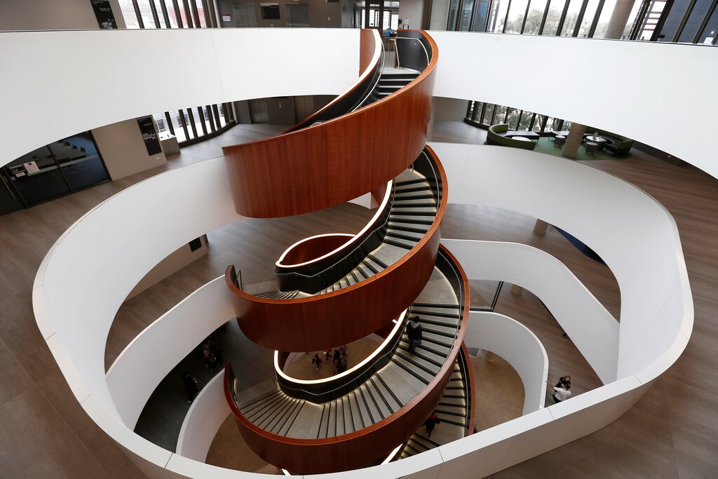 A circular staircase takes students up and down the floors of the Abercrombie business school building at the University of Sydney.