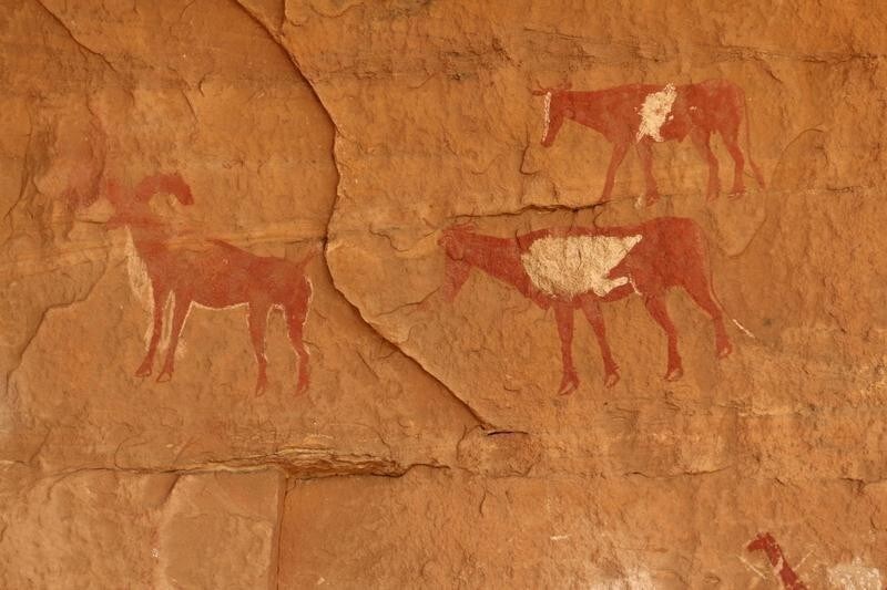 Rock art is pictured at Tadrart Acacus, in Ghat May 30, 2014. Vandals have destroyed prehistoric rock art in lawless southern Libya, endangering a sprawling tableau of paintings and carvings classified by UNESCO as of "outstanding universal value". Located along Libya's southwestern tip bordering Algeria, the Tadrart Acacus mountain massif is famous for thousands of cave paintings and carvings going back up to 14,000 years. REUTERS/Aimen Elsahli (LIBYA - Tags: SOCIETY) - GM1EA631HAH01