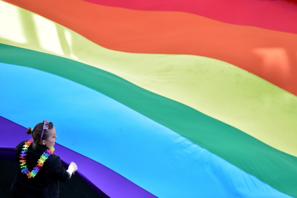 A woman waves a giant rainbow flag during the annual Belgian LGBT Pride Parade in central Brussels, Belgium May 20, 2017. REUTERS/Eric Vidal - RC1920ED9B20