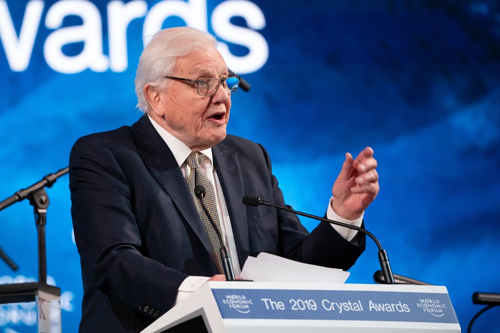 Sir David Attenborough, Broadcaster and Naturalist, David Attenborough, United Kingdom; Cultural Leader recives his Crystal Award from Hilde Schwab, Chairperson and Co-Founder, Schwab Foundation for Social Entrepreneurship, Switzerland during the Session "The 25th Crystal Awards" in "Congress Hall" at the Annual Meeting 2019 of the World Economic Forum in Davos, January 21, 2018.Copyright by World Economic Forum / Greg Beadle