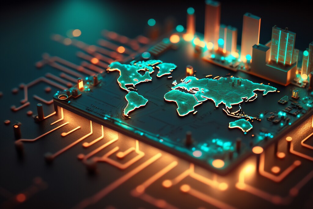 Imágen de un semiconductor sobre el cual se grabó un mapa del mundo.