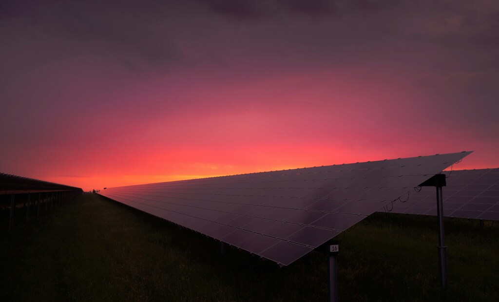 Vista de una planta solar al atardecer.