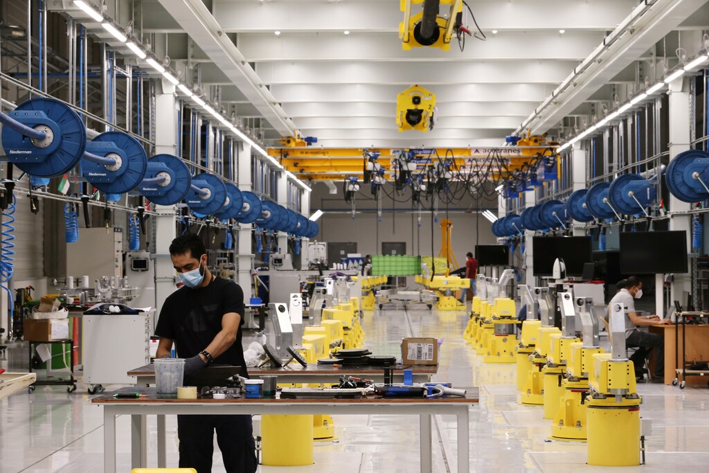 A worker is seen at the Strata Manufacturing facility, an Emirati factory producing parts for Airbus and Boeing jets, start making personal protective equipment such as N95 masks, due to shortages of protective gear in some countries after the coronavirus disease (COVID-19) outbreak, in Al Ain, United Arab Emirates, July 8, 2020. Picture taken July 8, 2020. REUTERS/Satish Kumar - RC2BSH96ZD7N