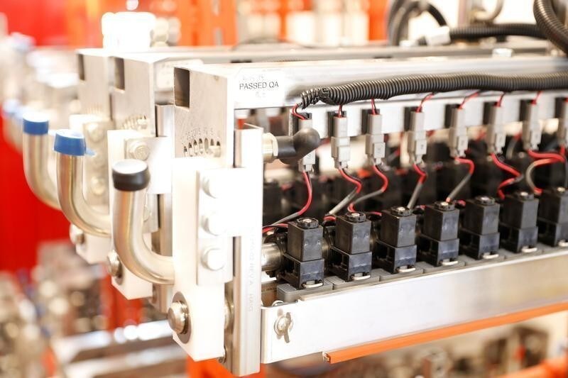 Spray nozzle assemblies for the Blue River Technology See & Spray agricultural machine that combines computer vision and artificial intelligence to detect and precisely spray herbicides onto weeds in a farm field are seen in Sunnyvale, California, April 23, 2018. Picture taken April 23, 2018.