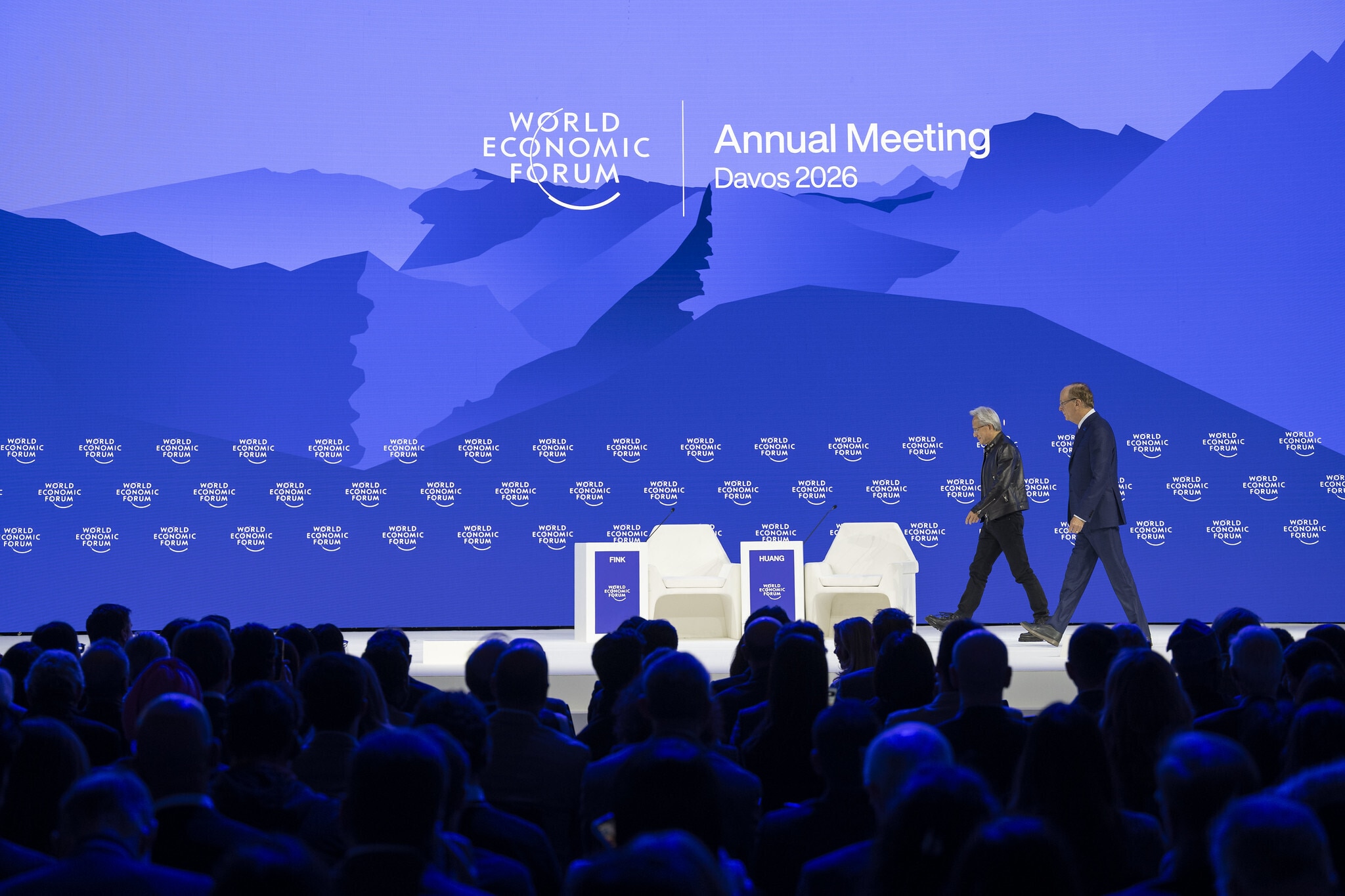 Jensen Huang, President and CEO of NVIDIA, and Larry Fink, Chair and CEO of BlackRock and Interim Co-Chair of World Economic Forum, take the stage.