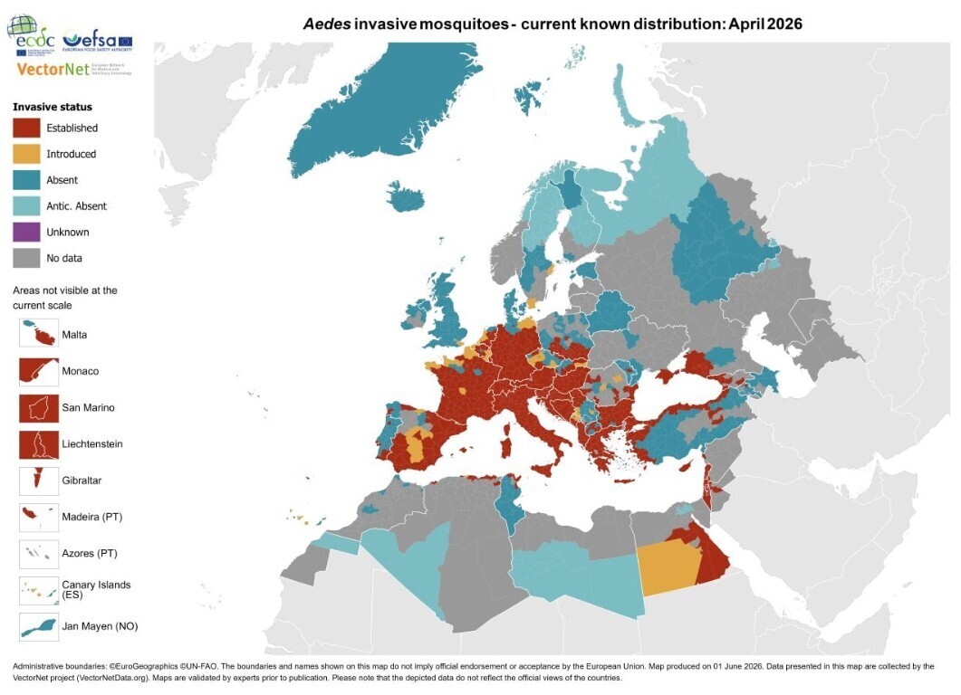 Distribution map of aedes invasive mosquitos in Europe.