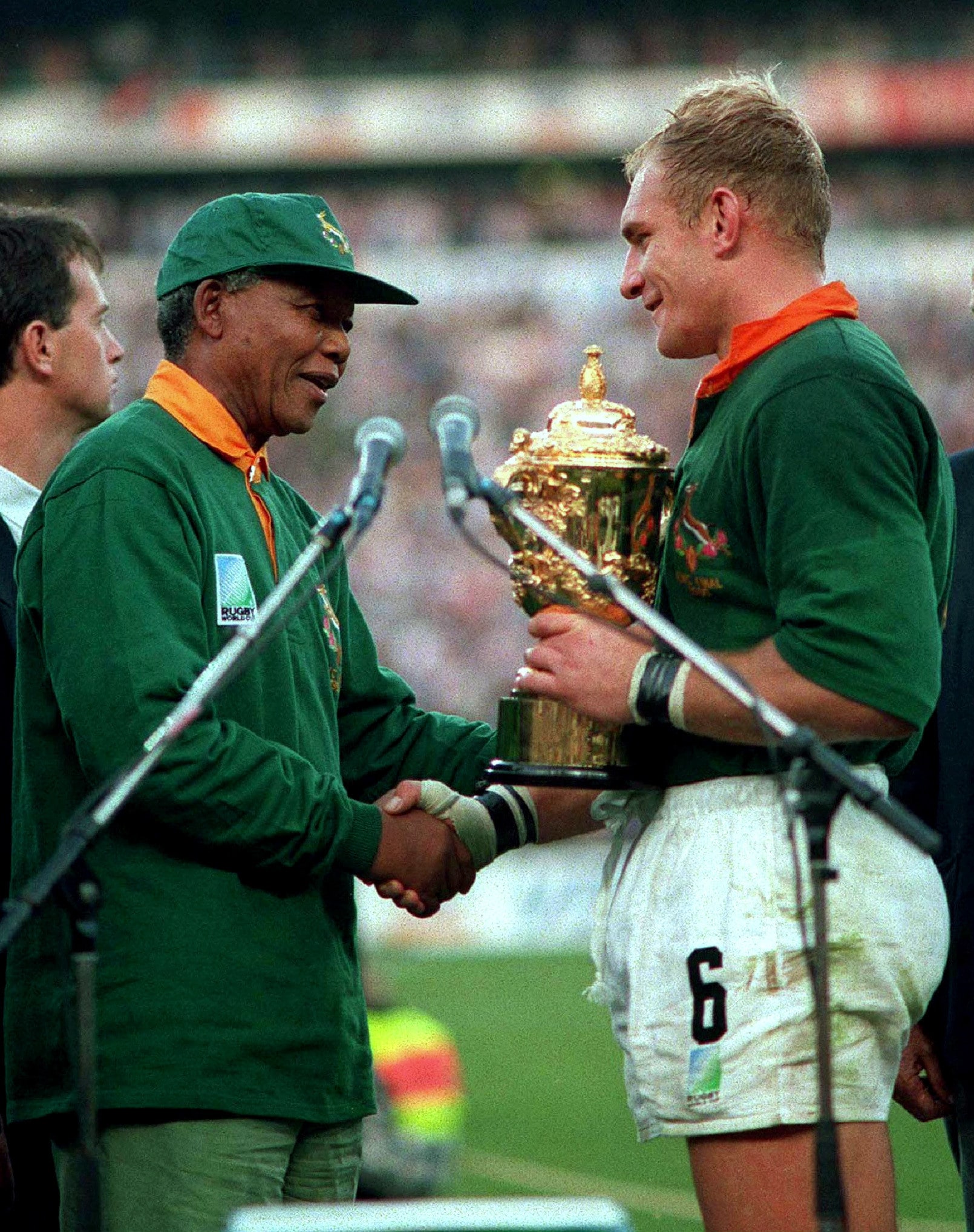 Nelson Mandela congratulates captain Francois Pienaar at the 1995 Rugby World Cup.                  