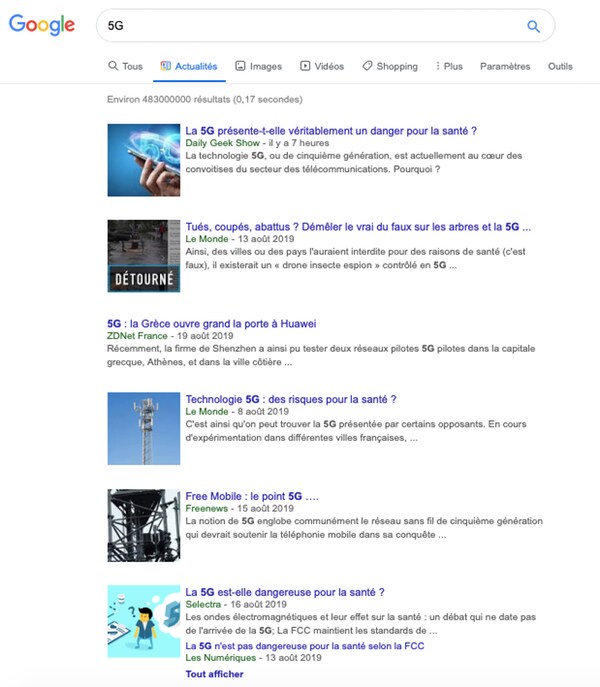 Résultats d’une recherche dans Google actualités sur la 5G le 21 août 2019.