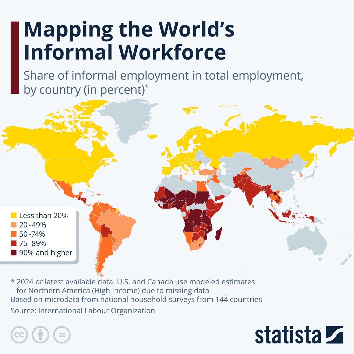 This chart shows the share of informal employment in total employment, by country.