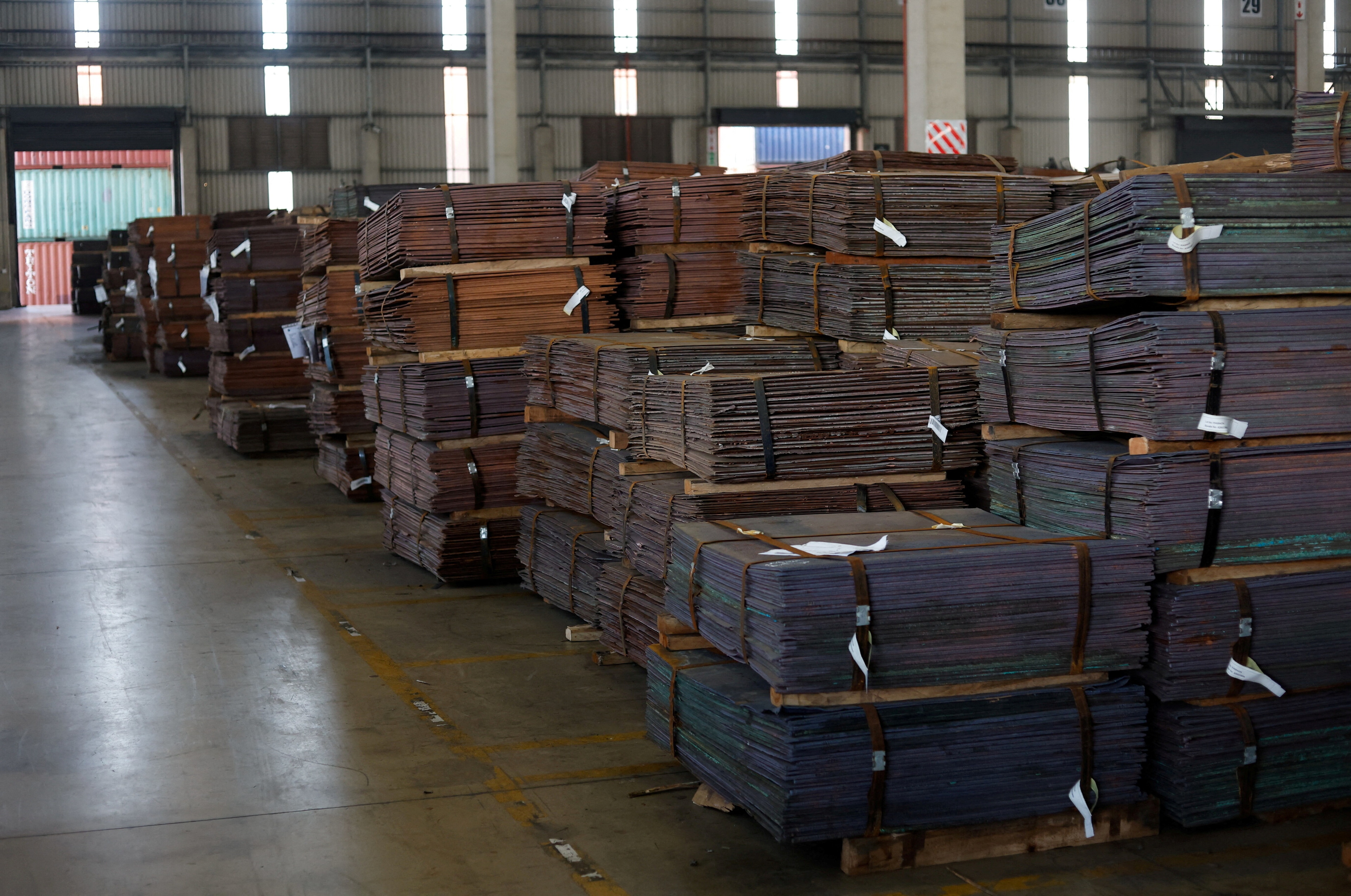 Raw copper from Zambia awaits export in a warehouse at Newlyn Terminal at Bayhead at the port in Durban, South Africa, April 4, 2024. REUTERS/Rogan Ward