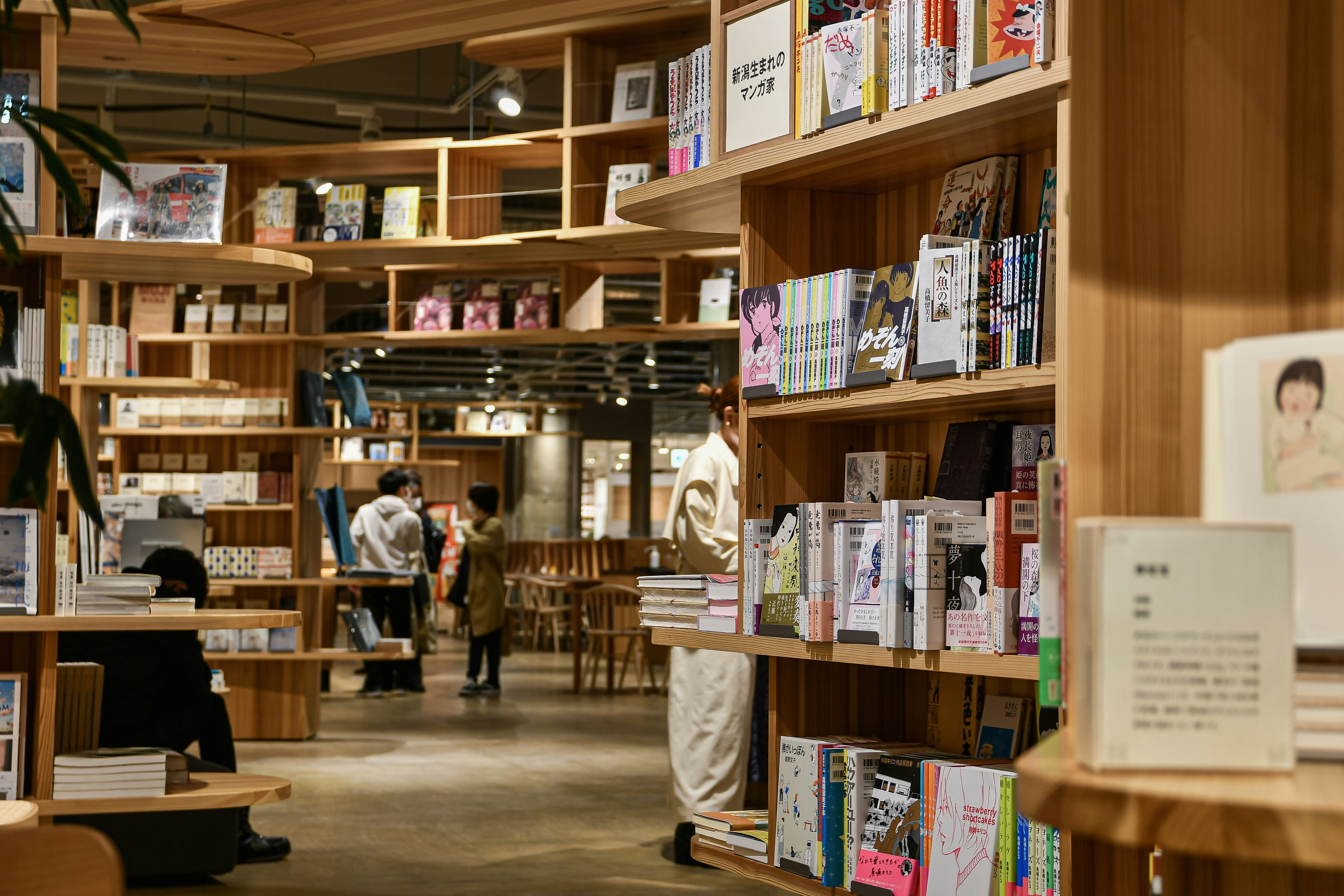 A library with many wooden shelves packed with books in Japan.
