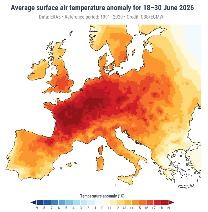 Average anomalies in surface air temperature during the heatwave from 18 to 30 June 2026 relative to the average temperature for the 1991–2020 reference period.