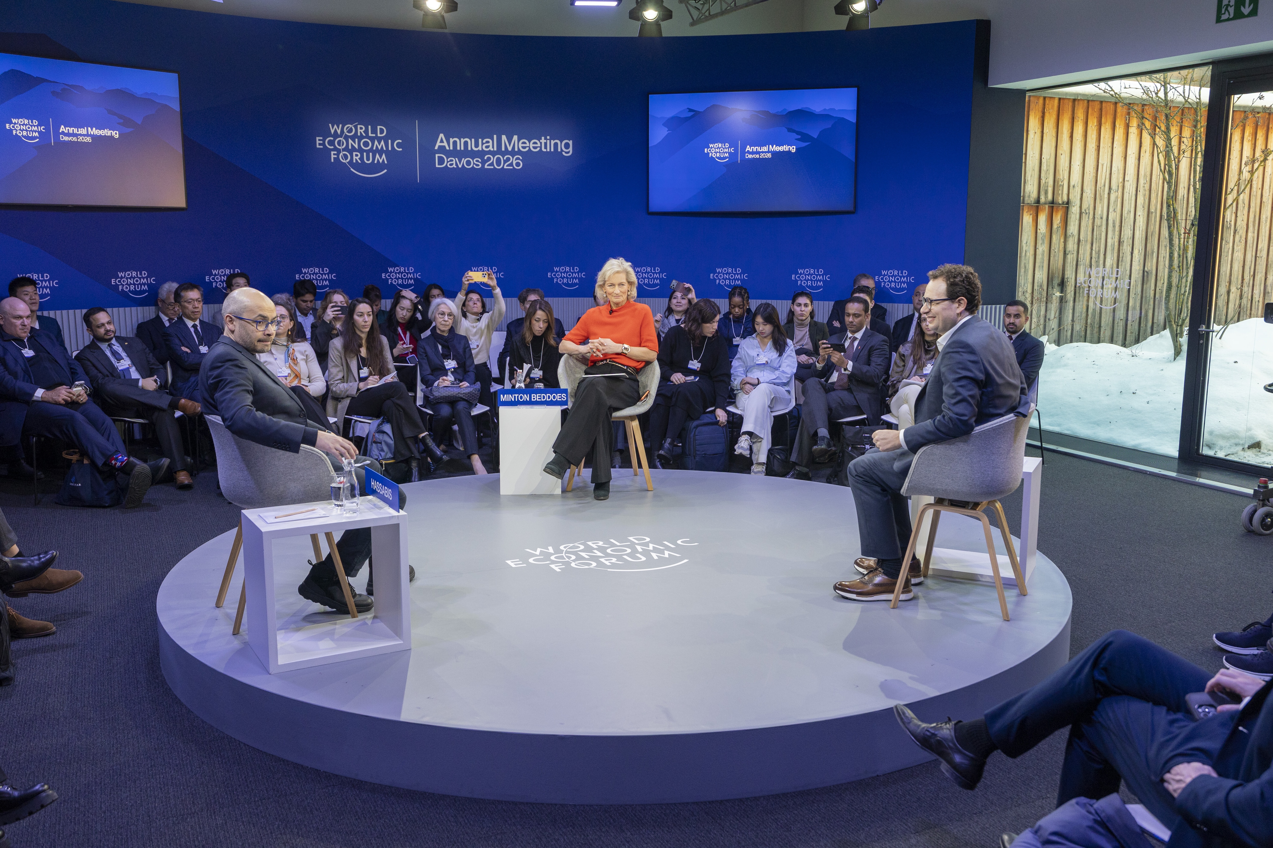 The Day After AGI session with Dario Amodei, Chief Executive Officer and Co-Founder, Anthropic, USA; Demis Hassabis, Co-Founder and Chief Executive Officer, Google DeepMind, United Kingdom; Zanny Minton Beddoes, Editor-in-Chief, The Economist, United Kingdom; at the World Economic Forum Annual Meeting 2026 in Davos-Klosters, Switzerland, on 20/1/2026 from 13:30 to 14:00 in the Congress Centre â Aspen 1 (Zone B), Stakeholder Dialogue. (agi). Â©2026 World Economic Forum