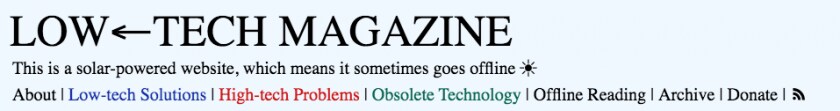 Extrait de la page d'accueil dusite« low-tech » du Low-tech Magazine, qui fonctionne à l'énergie solaire et s'éteint donc la nuit.